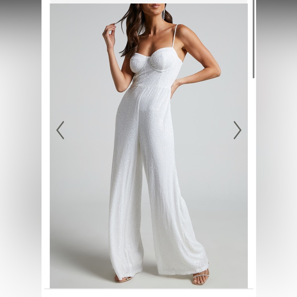 SHOWPO CLAUDILYN JUMPSUIT - SEQUIN BUSTIER BODICE WIDE LEG JUMPSUIT IN WHITE